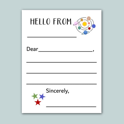 The image is a blank letterhead with a space-themed design, including planets and stars, and a message that reads "Hello from" followed by an empty space for a response.