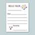 The image is a blank letterhead with a space-themed design, including planets and stars, and a message that reads "Hello from" followed by an empty space for a response.