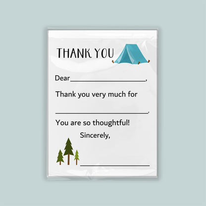 The image is a white card with a blue tent and pine trees on it. The card has a message that says "Thank you very much for" and "You are so thoughtful!" The card is set against a light blue background.