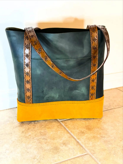 One of a Kind Handmade Earthtone Leather Tote with Stamped Leather Handles and Brass Feet