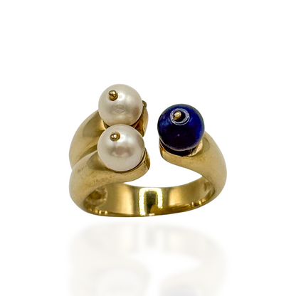 Blue Sodalite &amp; Pearl Three Wise Women Ring
