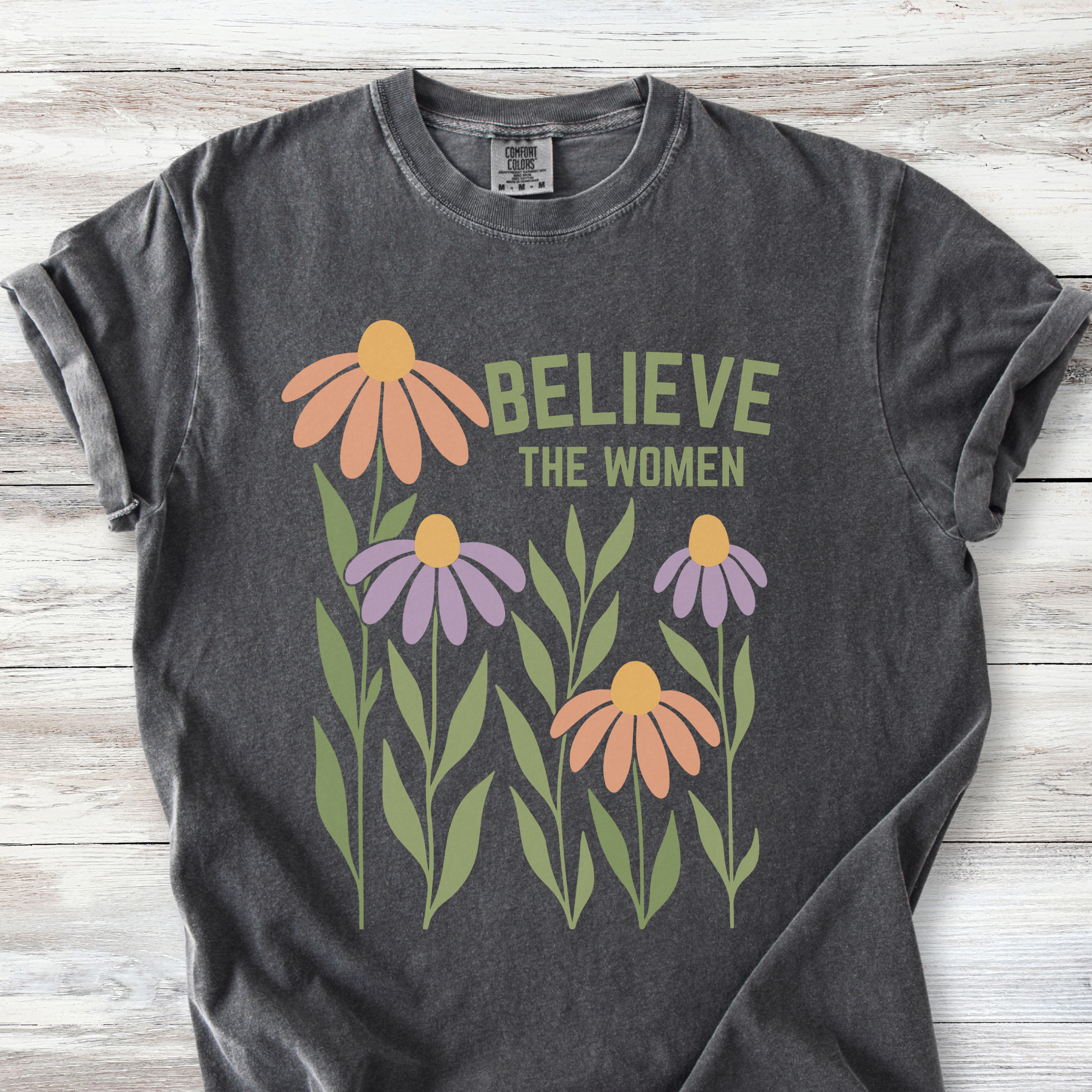 Feminist T-Shirt, Floral Believe the Women Epstein Survivors