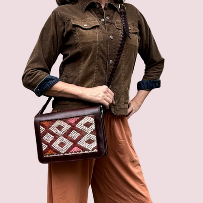 Leather &amp; Kilim Crossbody Bag – Handmade in Morocco from Full-Grain Vegetable-Tanned Leather