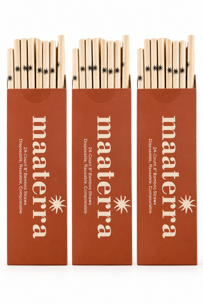 Three packs of maaterra bamboo straws on a white background
