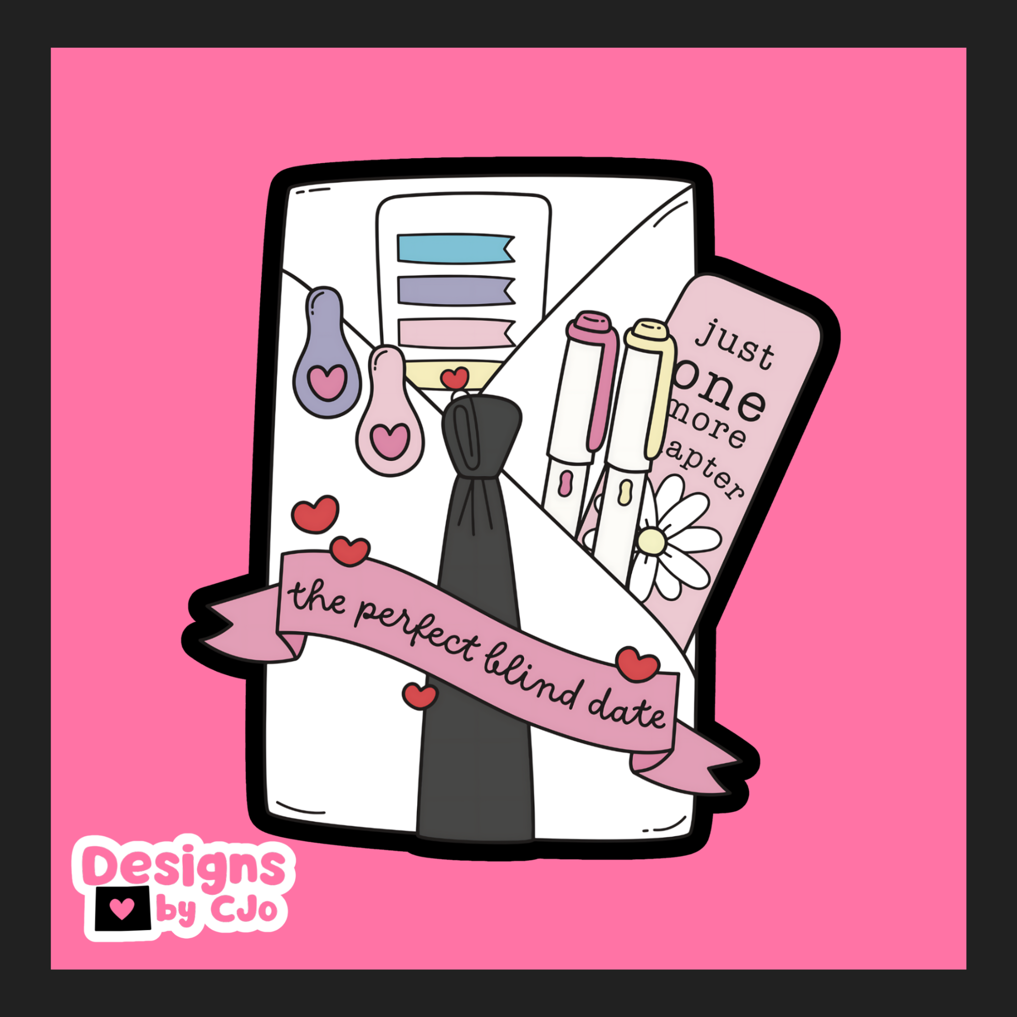 Illustration of a book and a tie on a pink background with text &