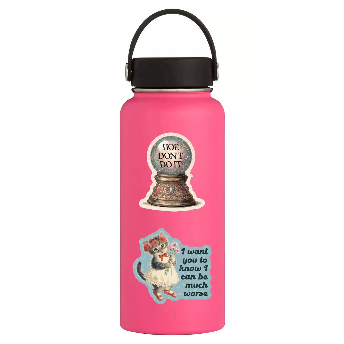 Pink water bottle with decorative stickers on a white background