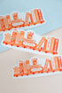 Set of orange and white stickers with text on a light blue background