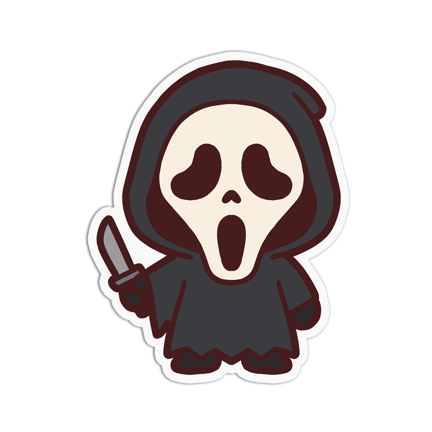 Cartoon character in a hood holding a knife on a white background