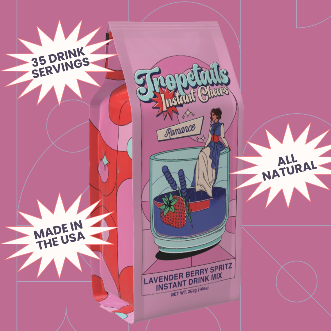 Tropetails Instant Cheer Instant Drink Mix package on a pink background with text about servings, origin, and ingredients.