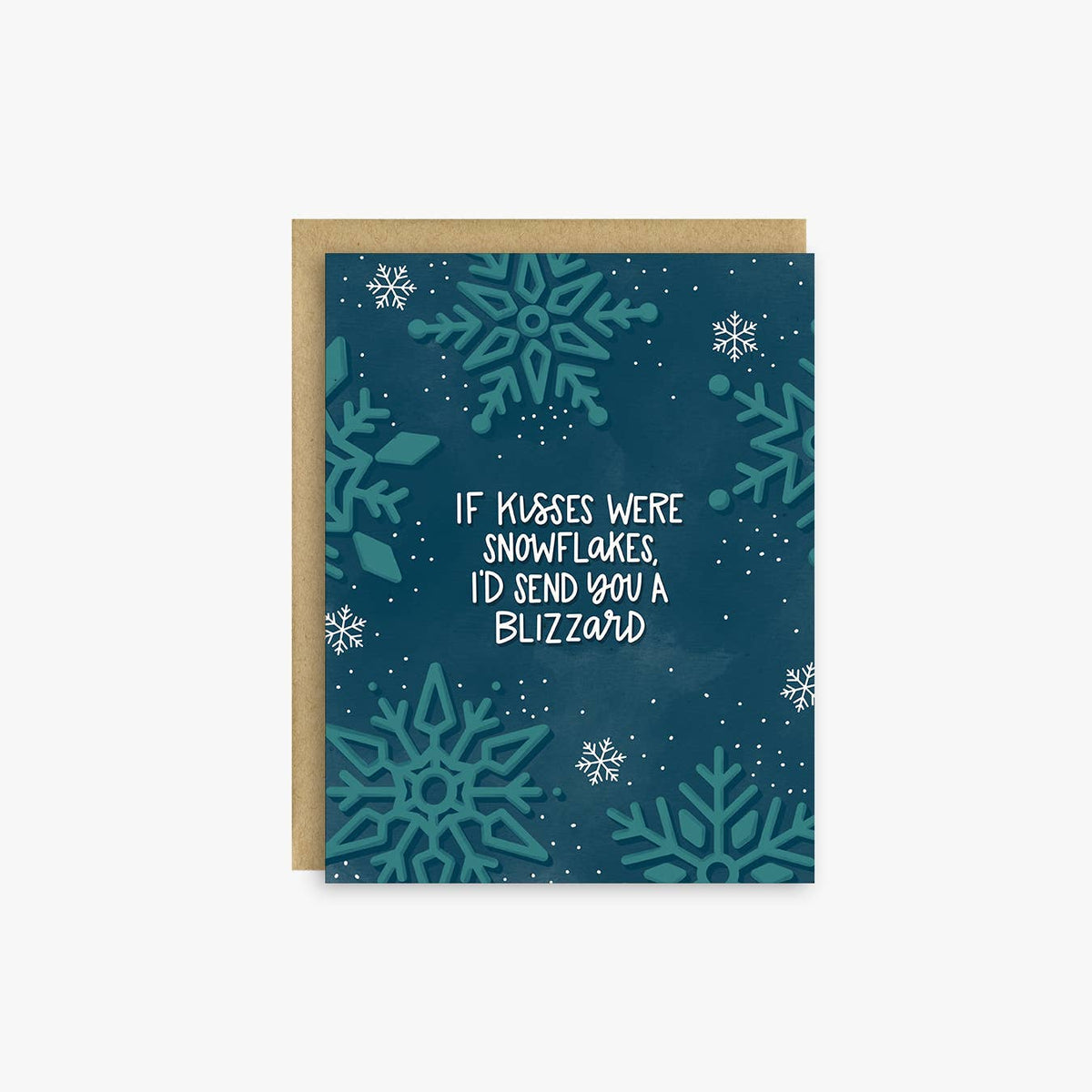 A winter-themed greeting card with a dark teal blue background, decorated with light teal snowflakes, white snowflakes, and white text that reads &