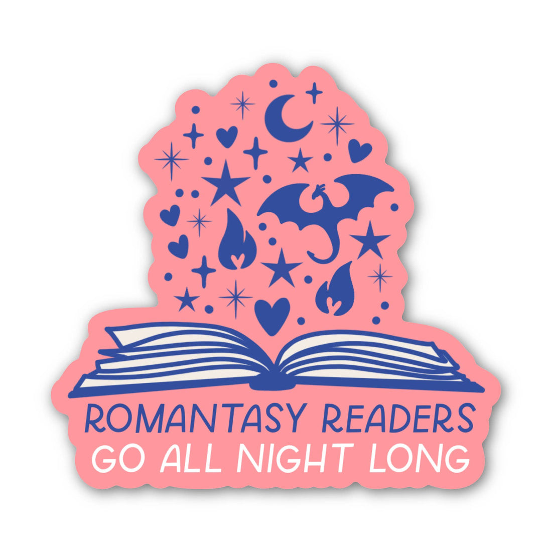 Pink book-shaped sticker with blue text and symbols on a white background
