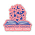Pink book-shaped sticker with blue text and symbols on a white background