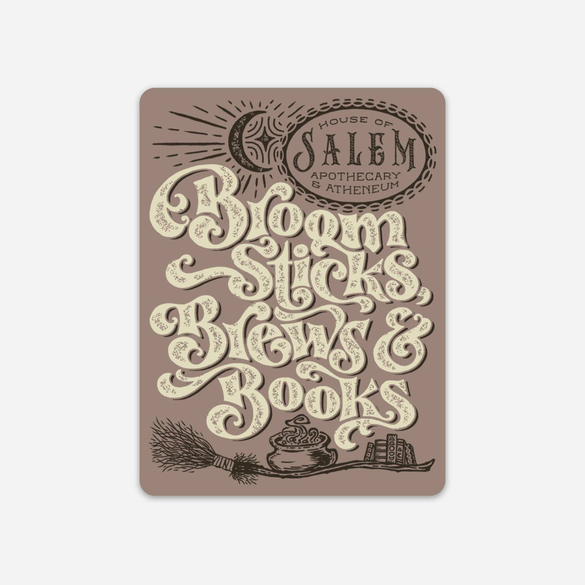 A rectangular card or sticker with rounded corners featuring vintage-style illustrated text that reads &