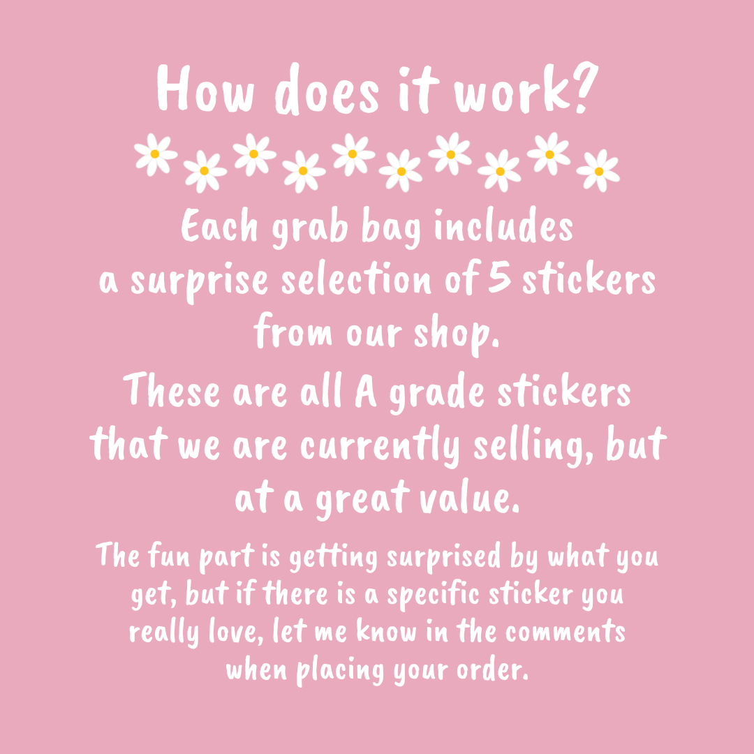 Pink background with white text explaining grab bag details and sticker selection.