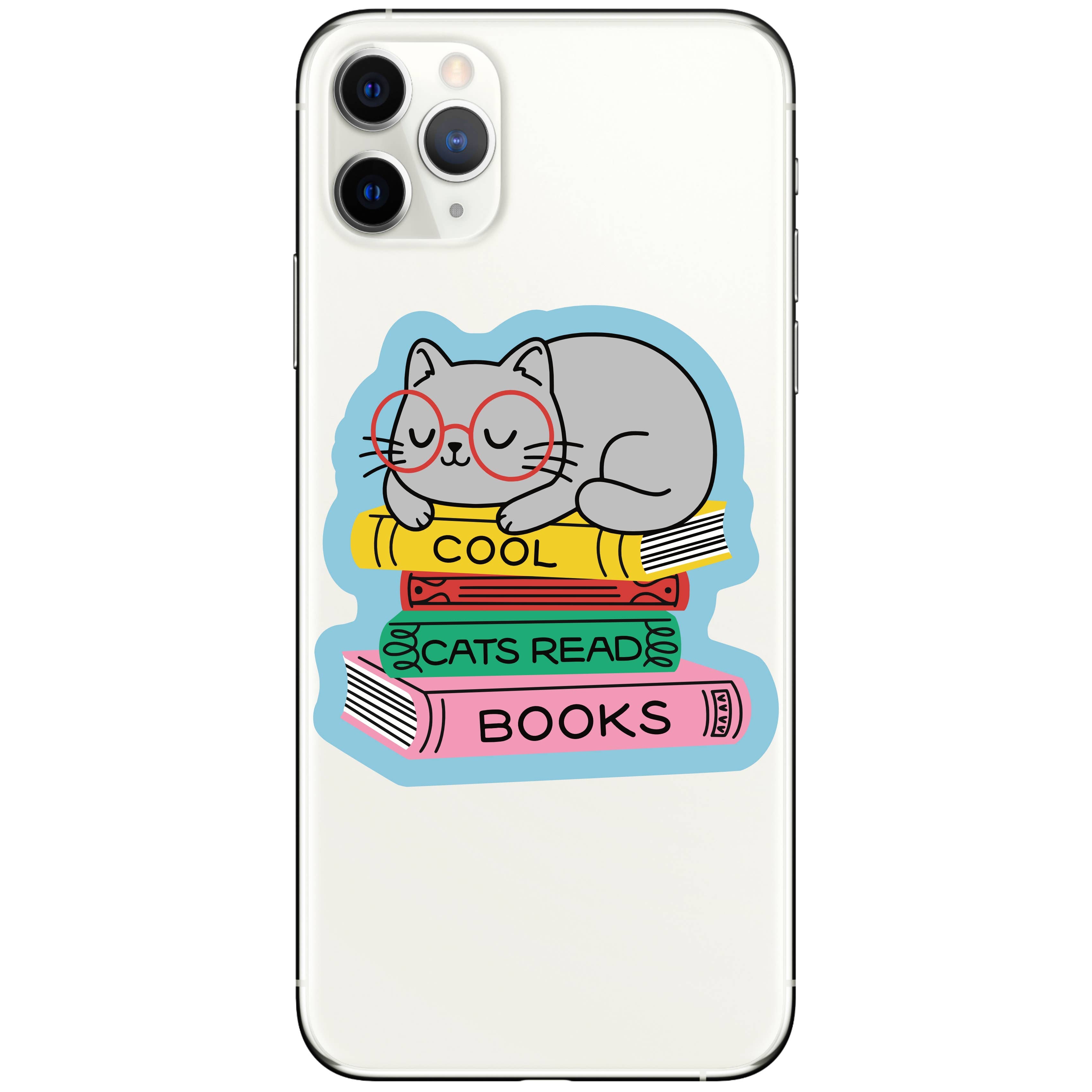 Phone case with a cat reading books design on a white background
