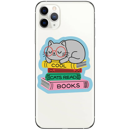Phone case with a cat reading books design on a white background