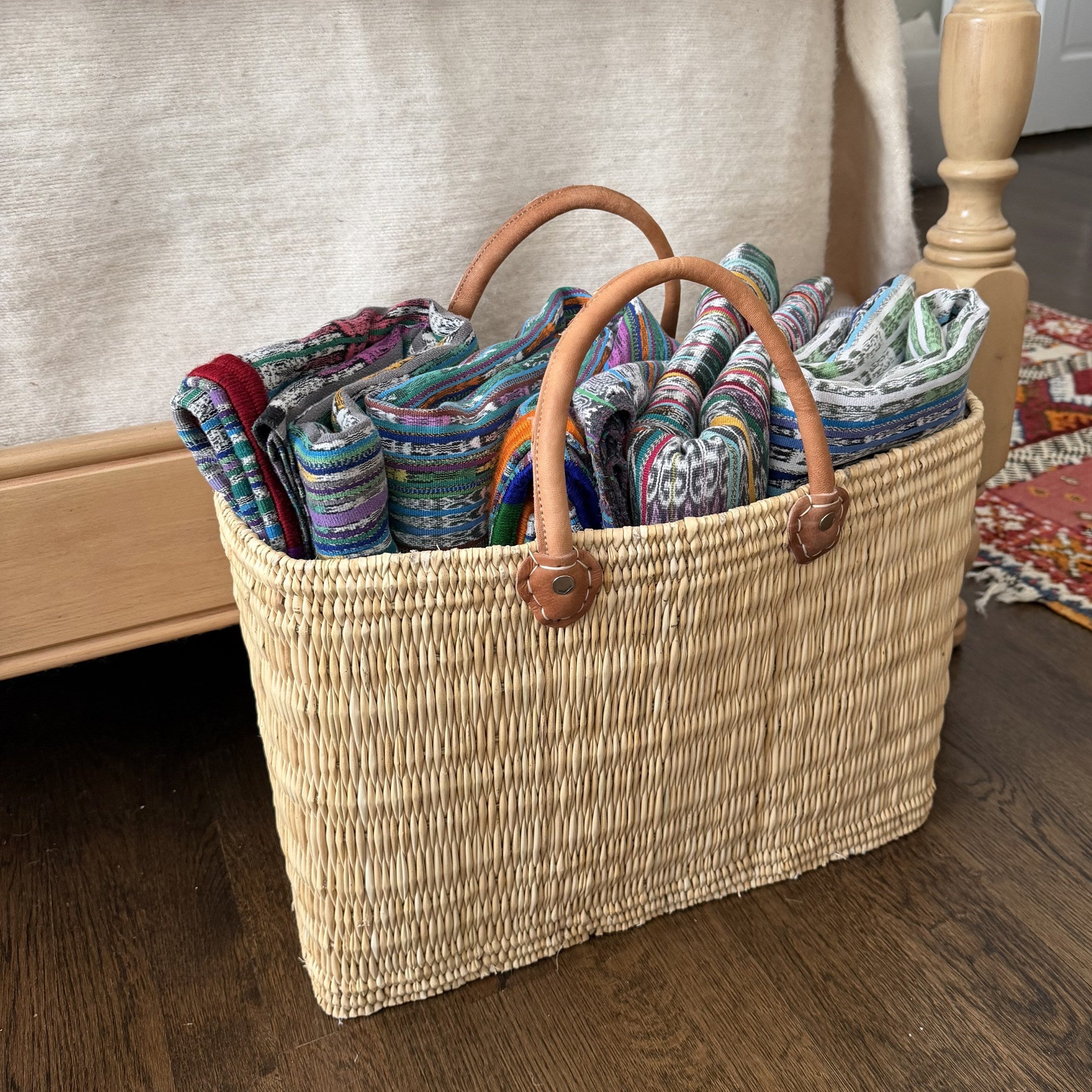 Structured Moroccan Market Basket Tote with Leather Handles