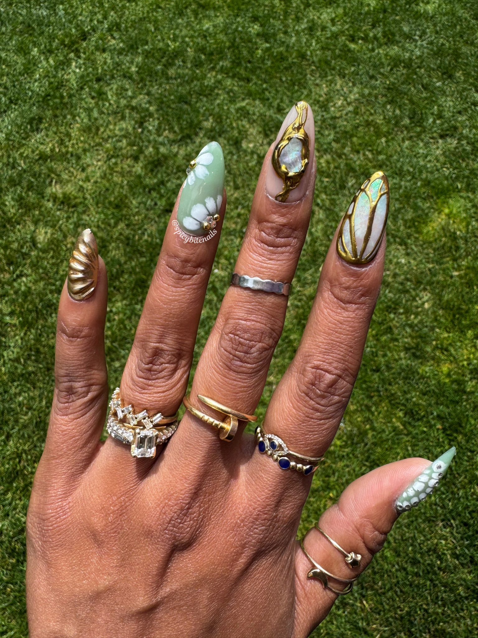Moss and Moonlight – Sage Green and Gold Chrome Floral and Opal Elegant Press-On Nail Extensions 10pcs
