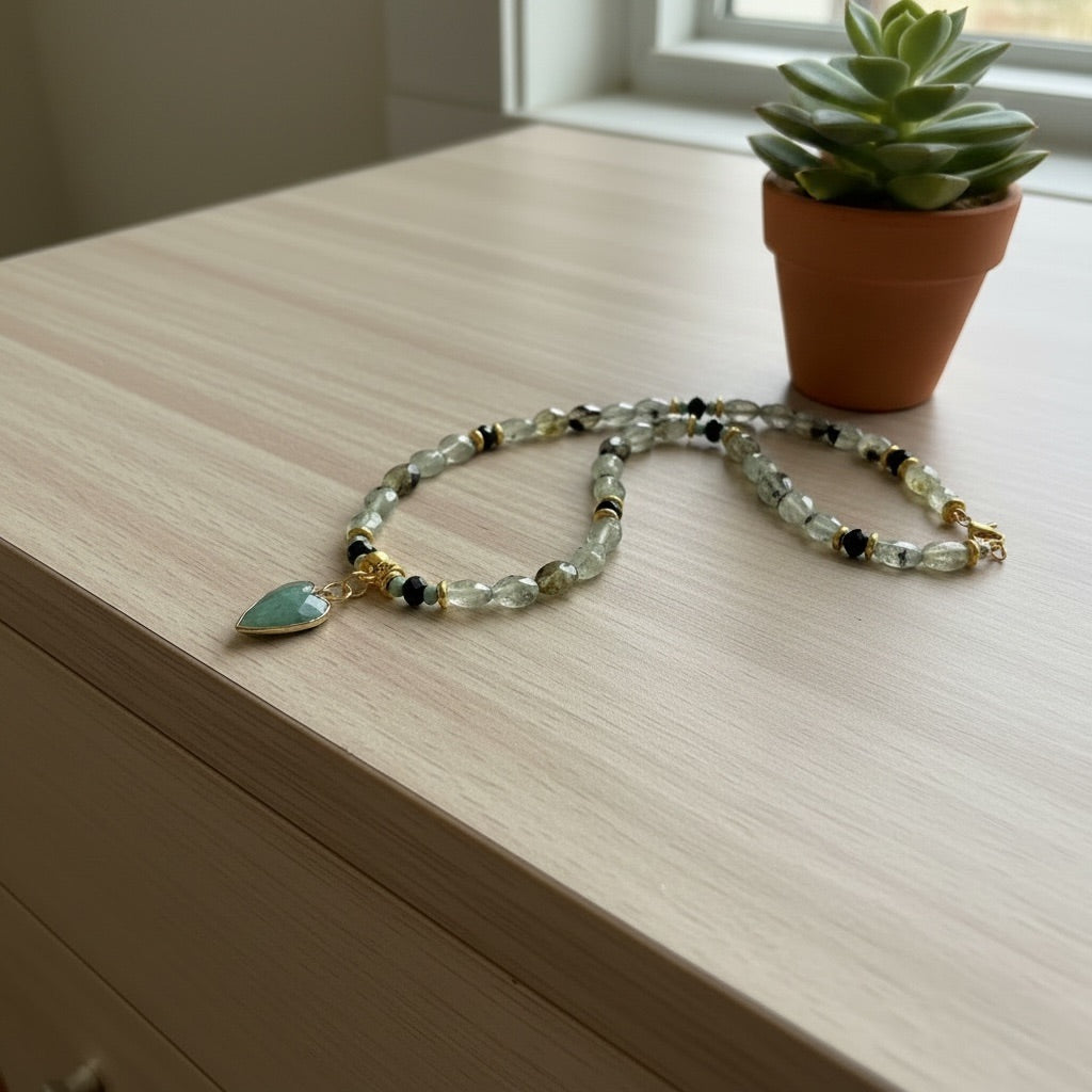 Translucent Sage Quartz Prehnite Multifaceted Oval Beaded Necklace with Natural Amazonite Heart Pendant