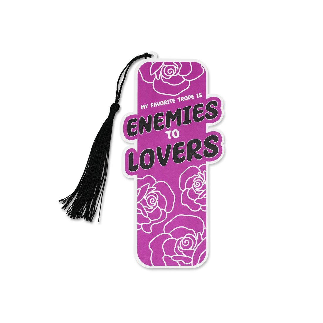 Purple bookmark with rose designs and text on a white background