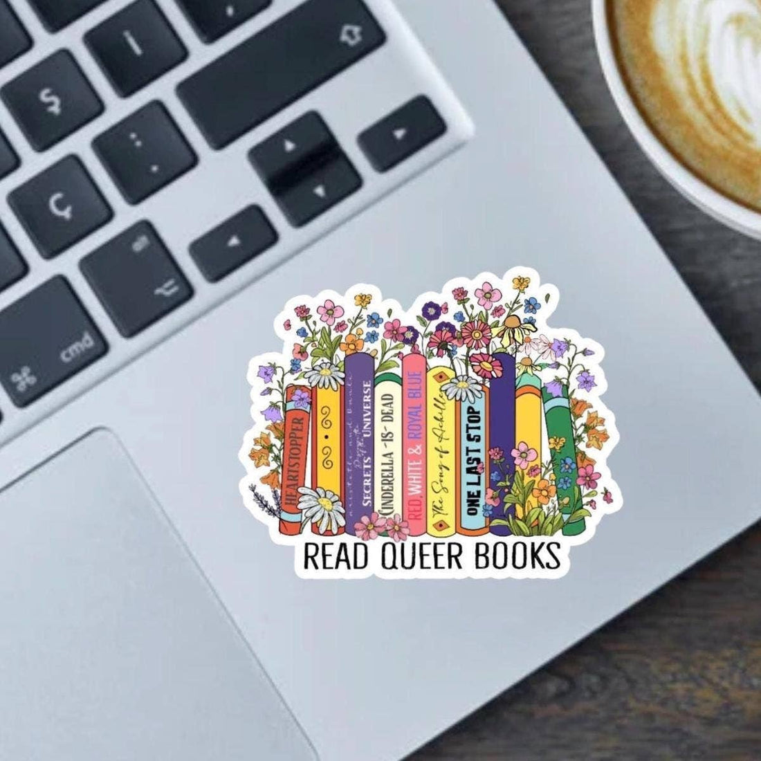 Sticker with books and flowers on a laptop