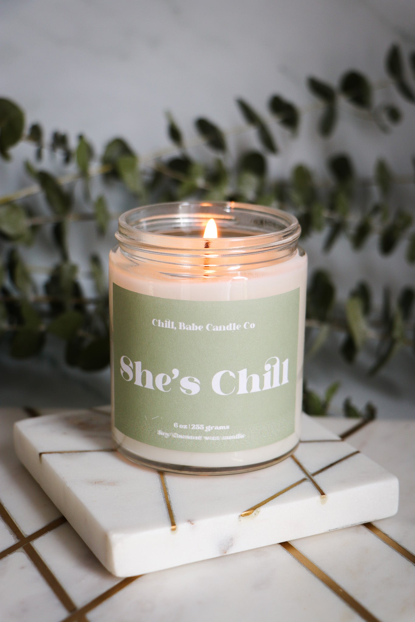 She’s Chill Candle | Eucalyptus + Spearmint lit 