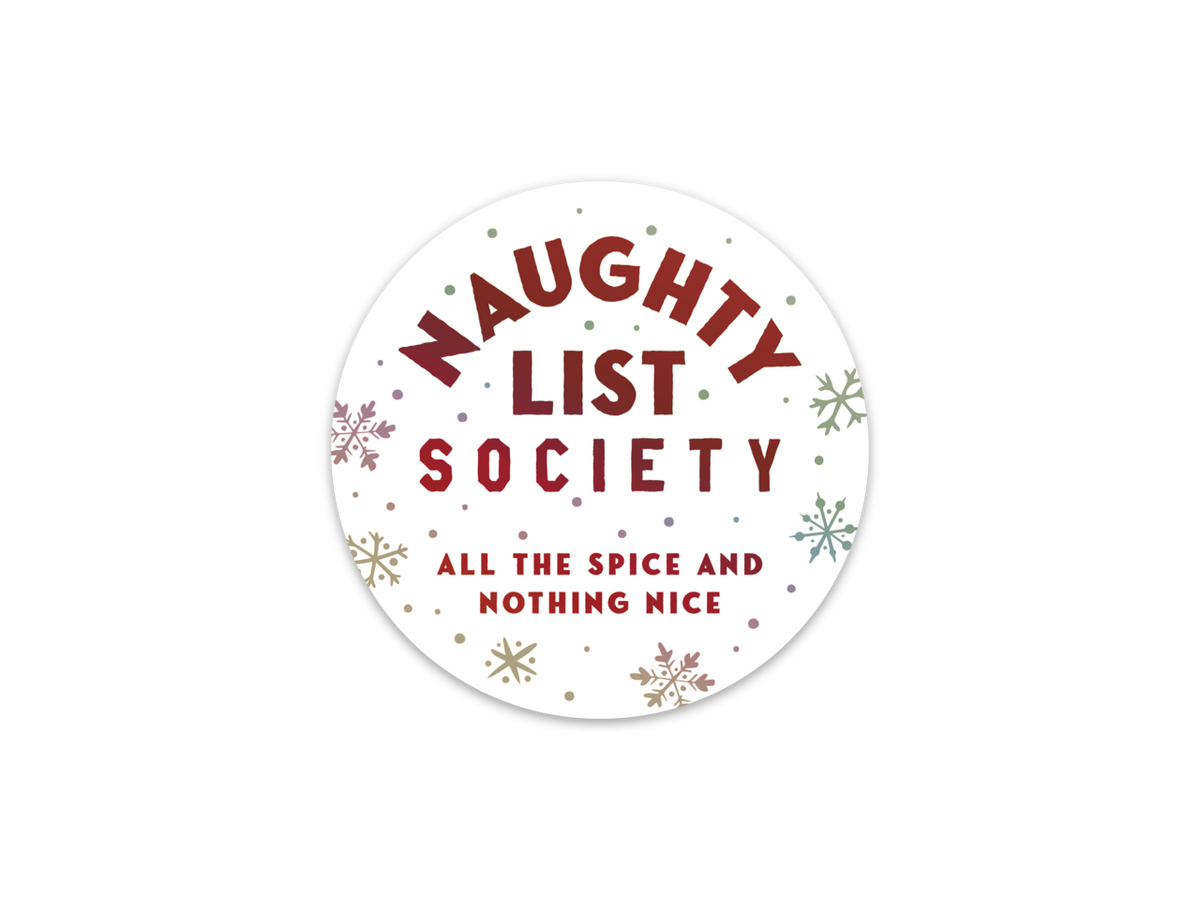 A round white sticker or label with the text &
