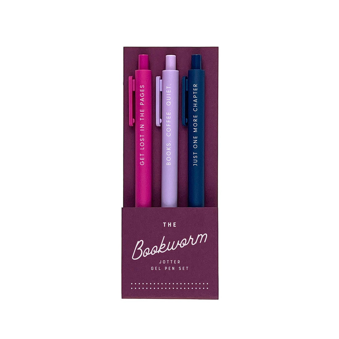 Set of three pens in a purple packaging with text, branded &