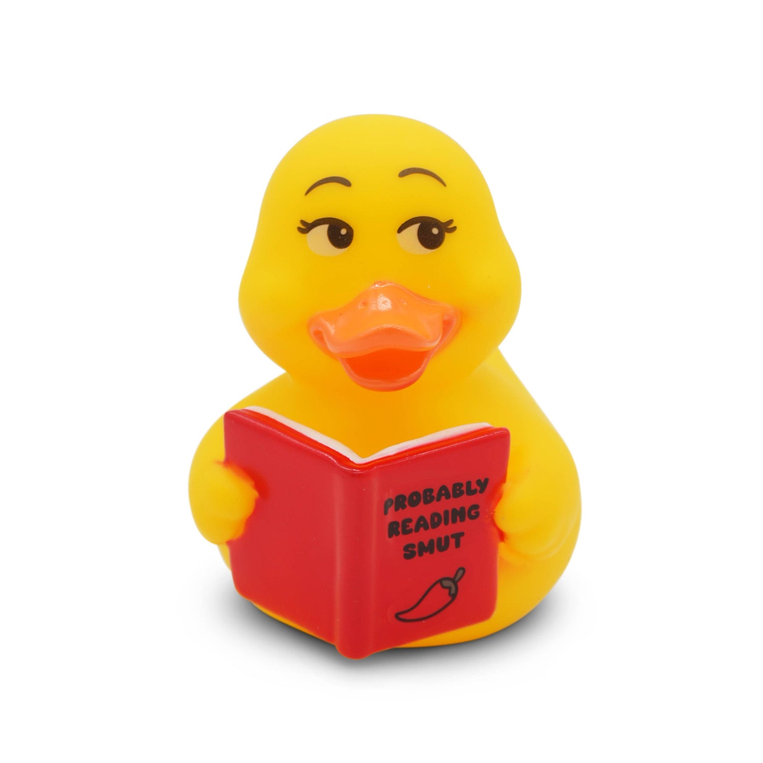 Yellow rubber duck holding a book with text on a white background