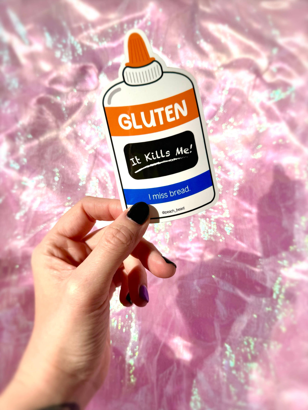 Sticker of a gluten bottle labeled &