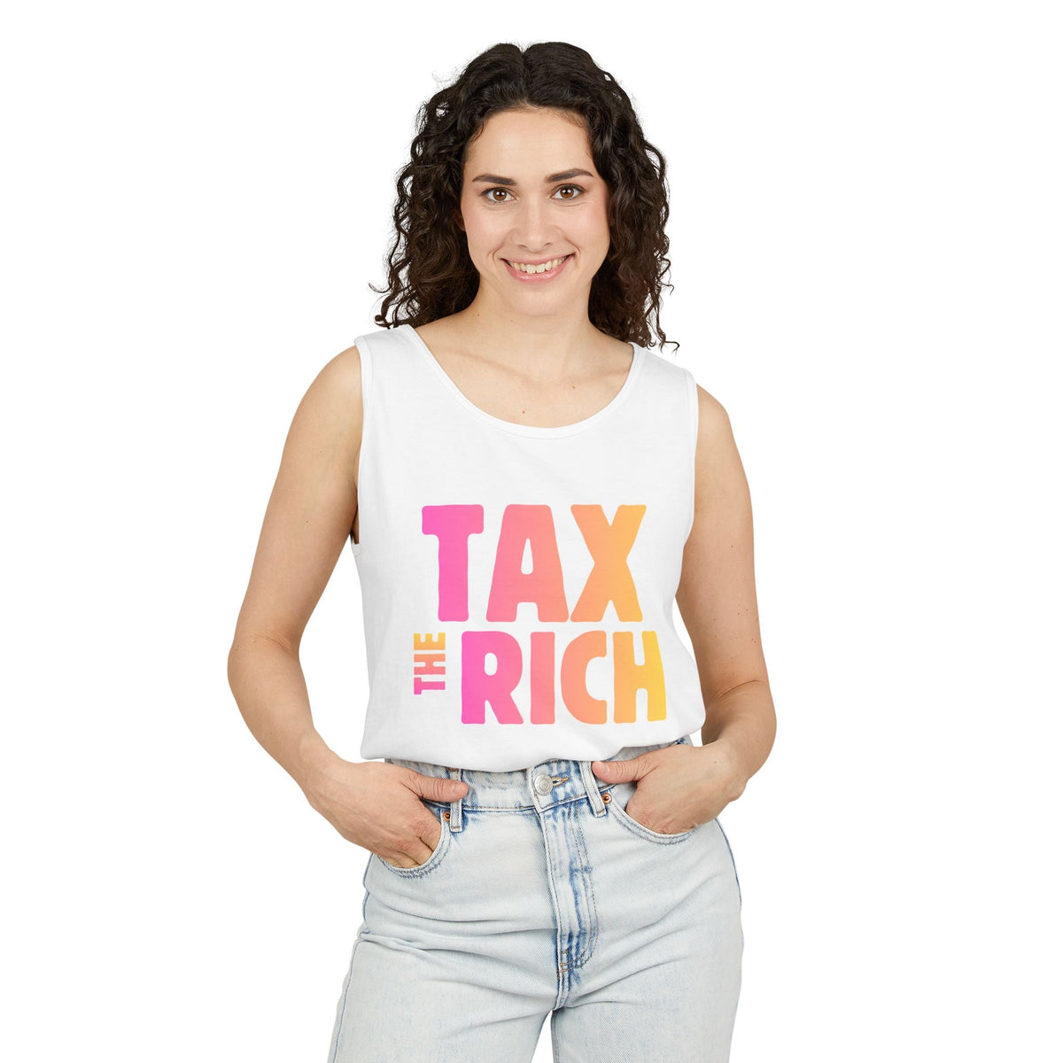 "Tax the Rich" on Unisex Garment-Dyed Tank Top