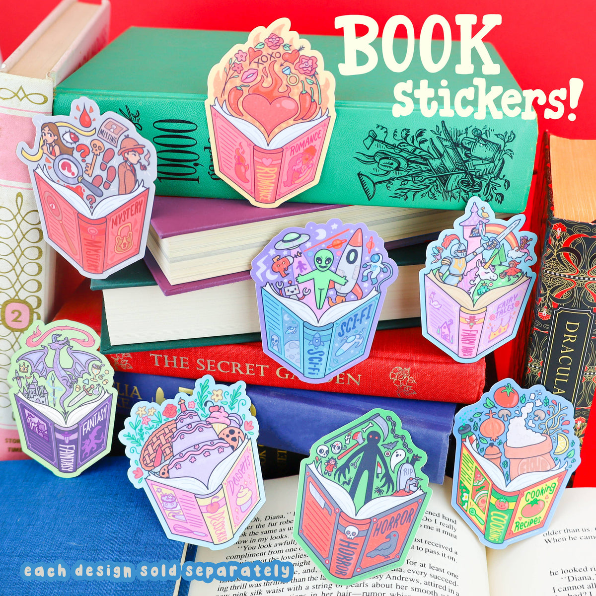 Colorful book-shaped stickers on books with &