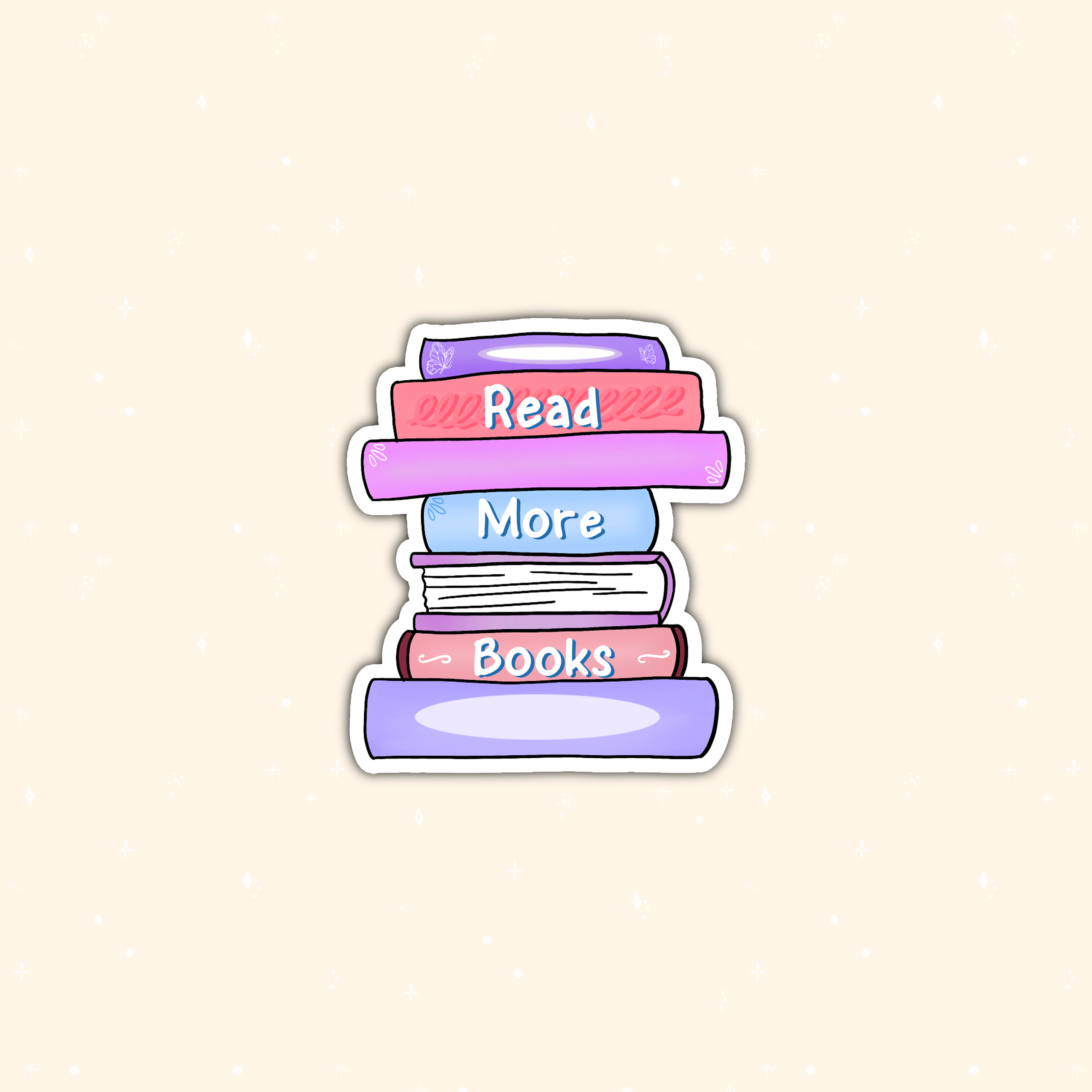A die-cut sticker featuring a cute cartoon stack of five books with the words &