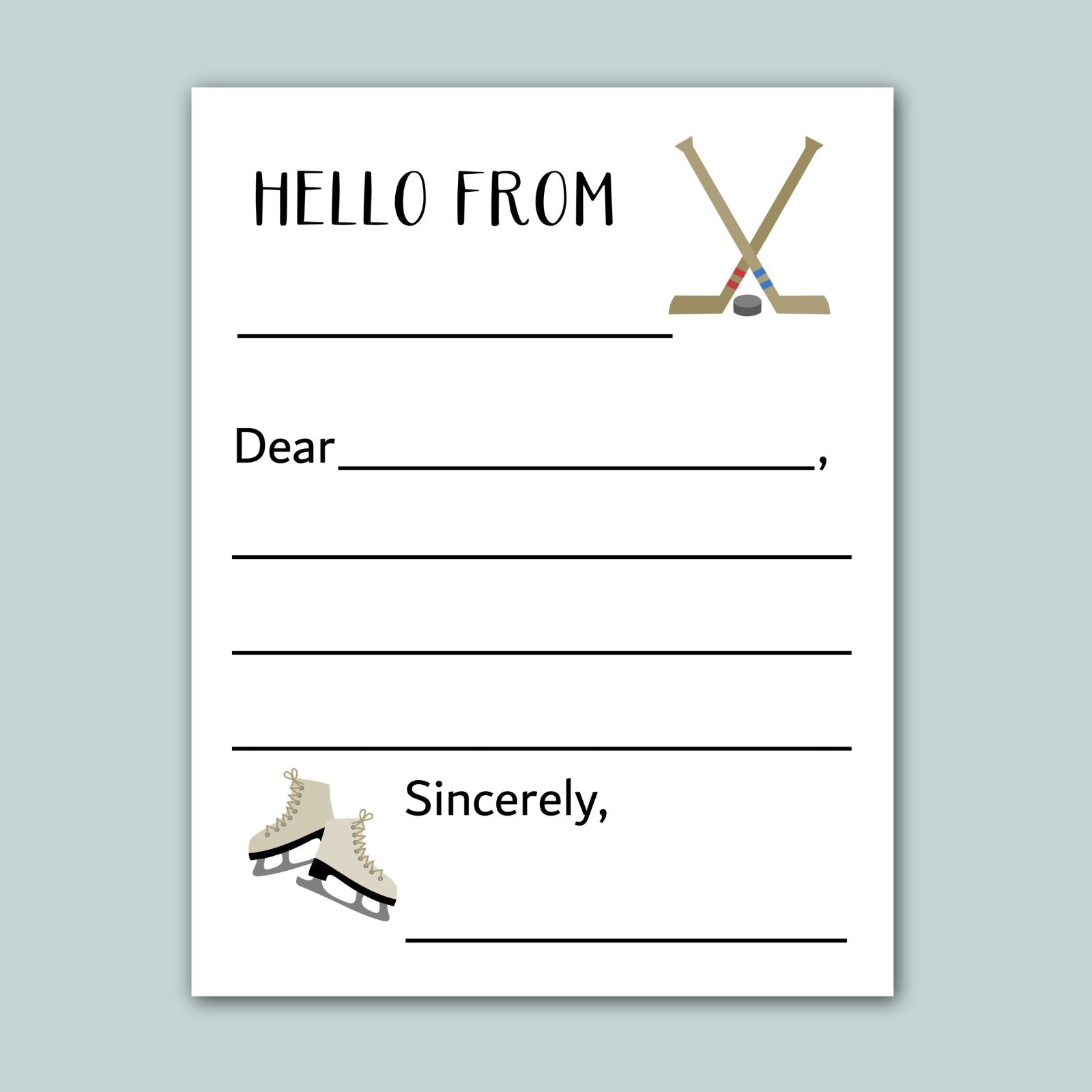 a letterhead with a hockey stick and skates, along with a blank space for a message.