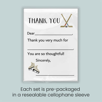 The image is a thank you card with a hockey stick and skates, and it is pre-packaged in a resealable cellophane sleeve. Each set is pre-packaged in a resealable cellophane sleeve.