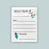 The image is a blank greeting card with a message that reads "Hello from" and a decorative element of colorful lights.