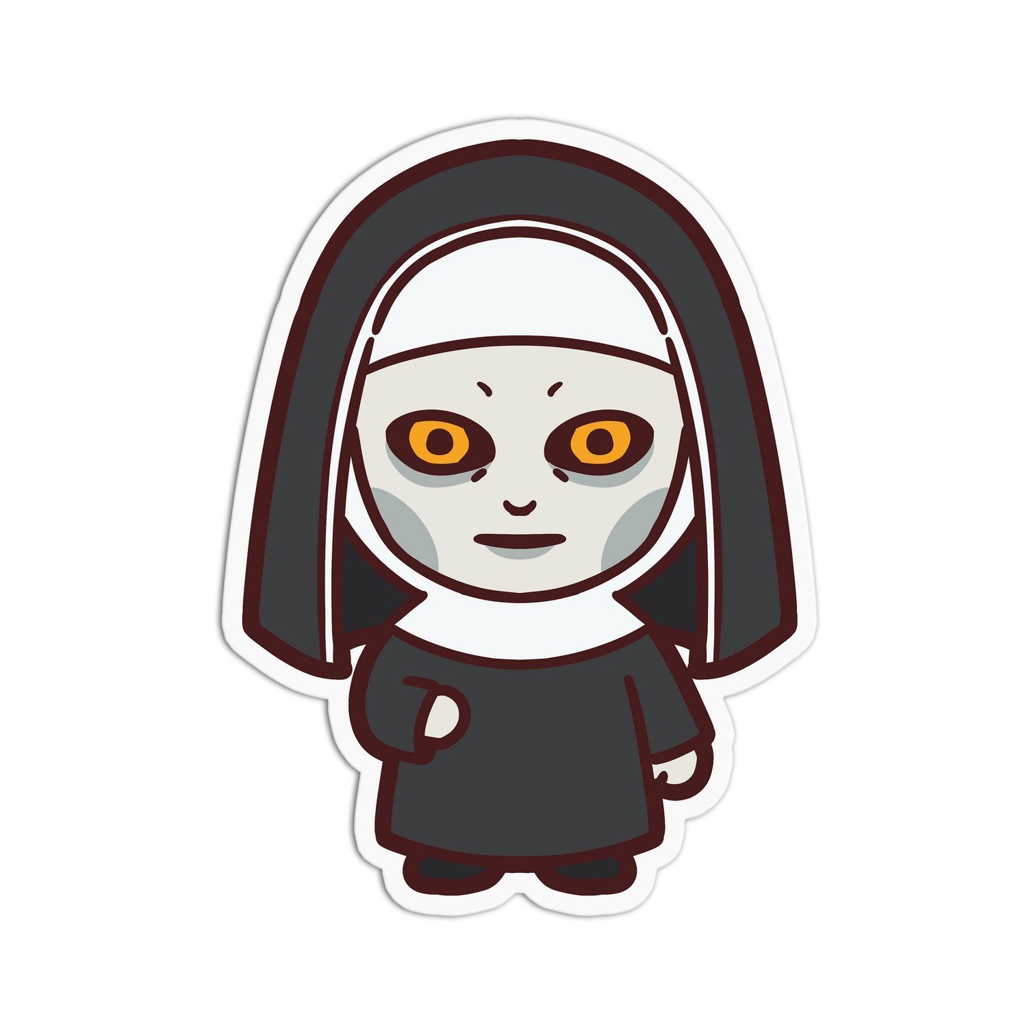 Cartoon character of a nun with yellow eyes on a white background