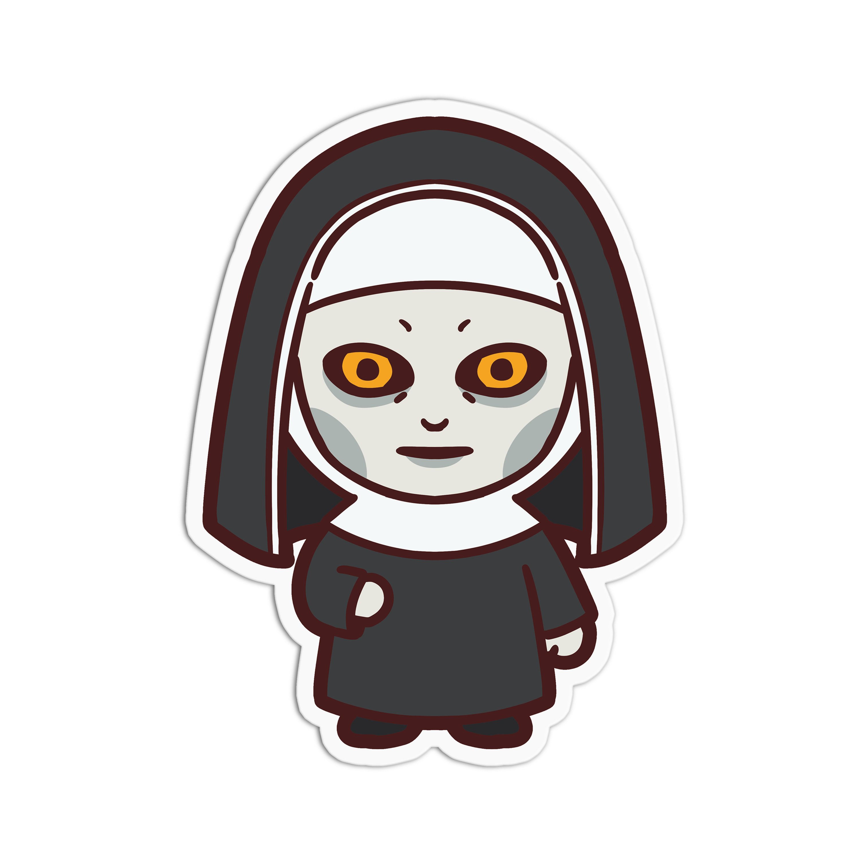 Cartoon character of a nun with yellow eyes on a white background