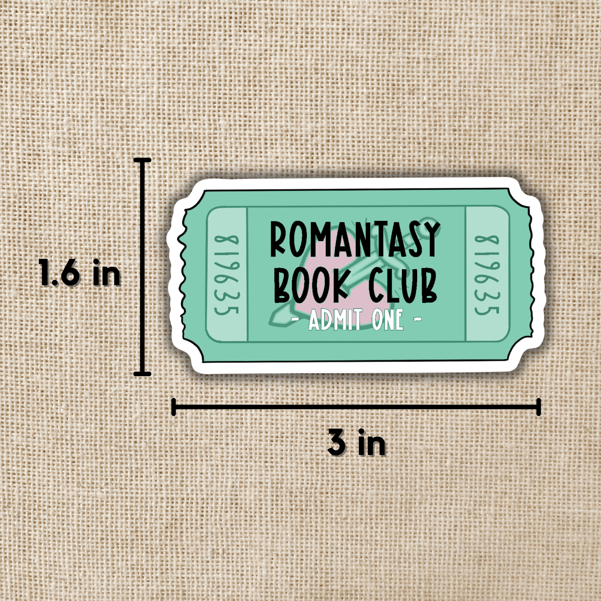 Sticker resembling a movie ticket with &
