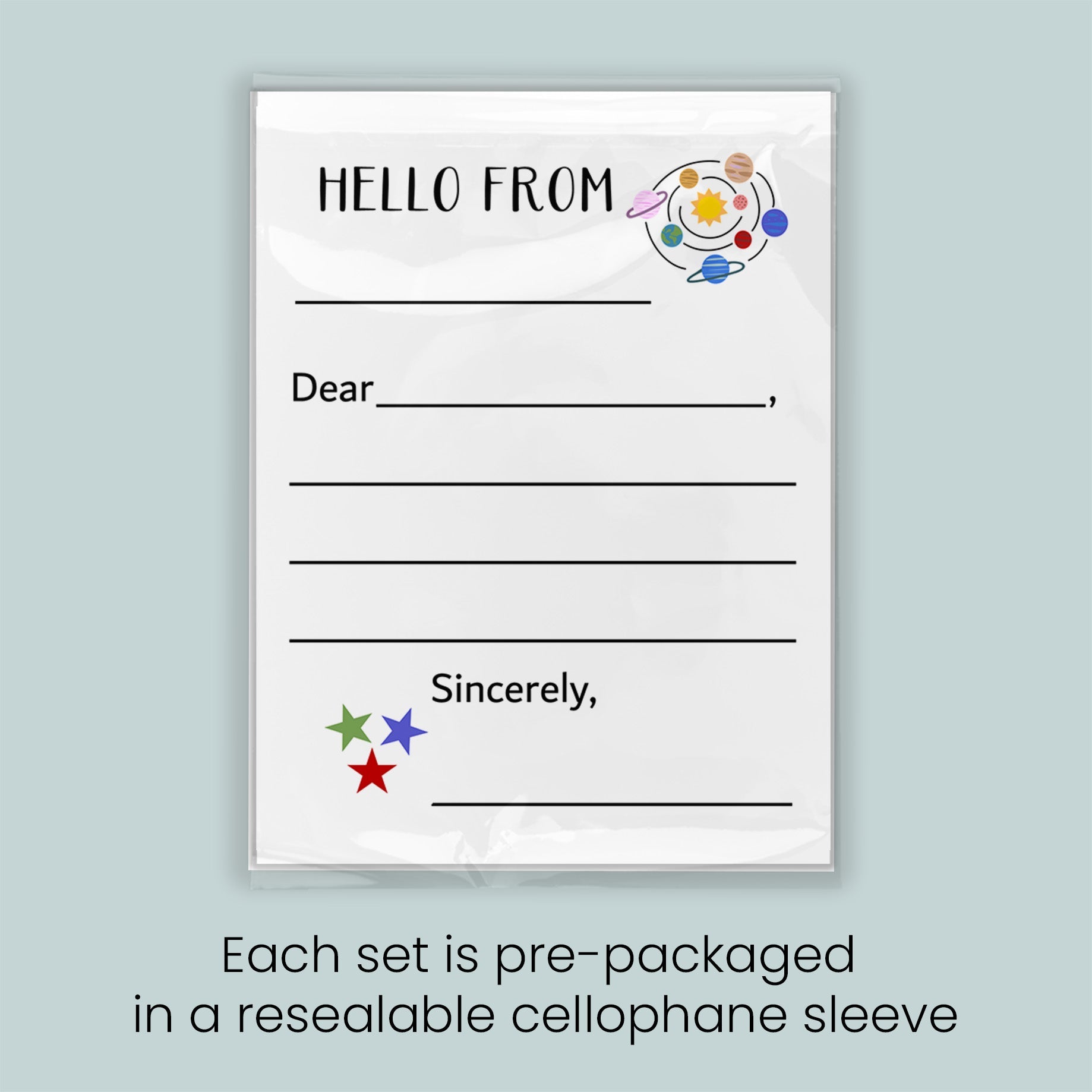 The image is a pre-packaged greeting card set, each set is pre-packaged in a resealable cellophane sleeve.