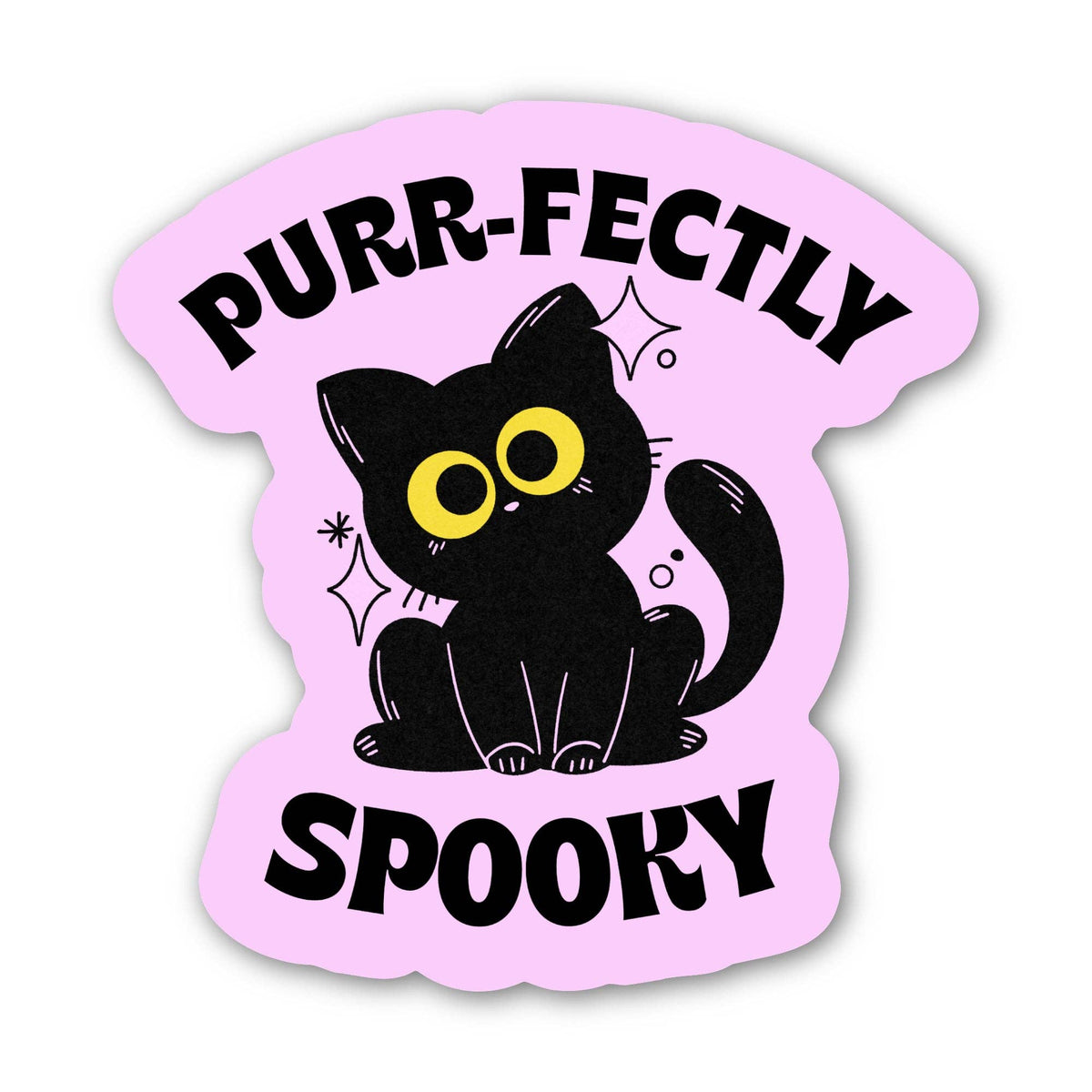 A die-cut sticker featuring a black cartoon cat with large yellow eyes on a light pink background, with the words &