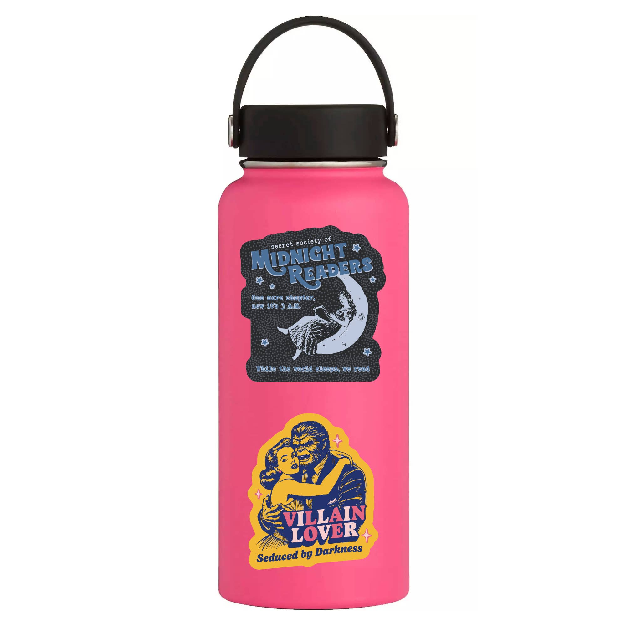 Pink water bottle with graphic designs and text on a white background