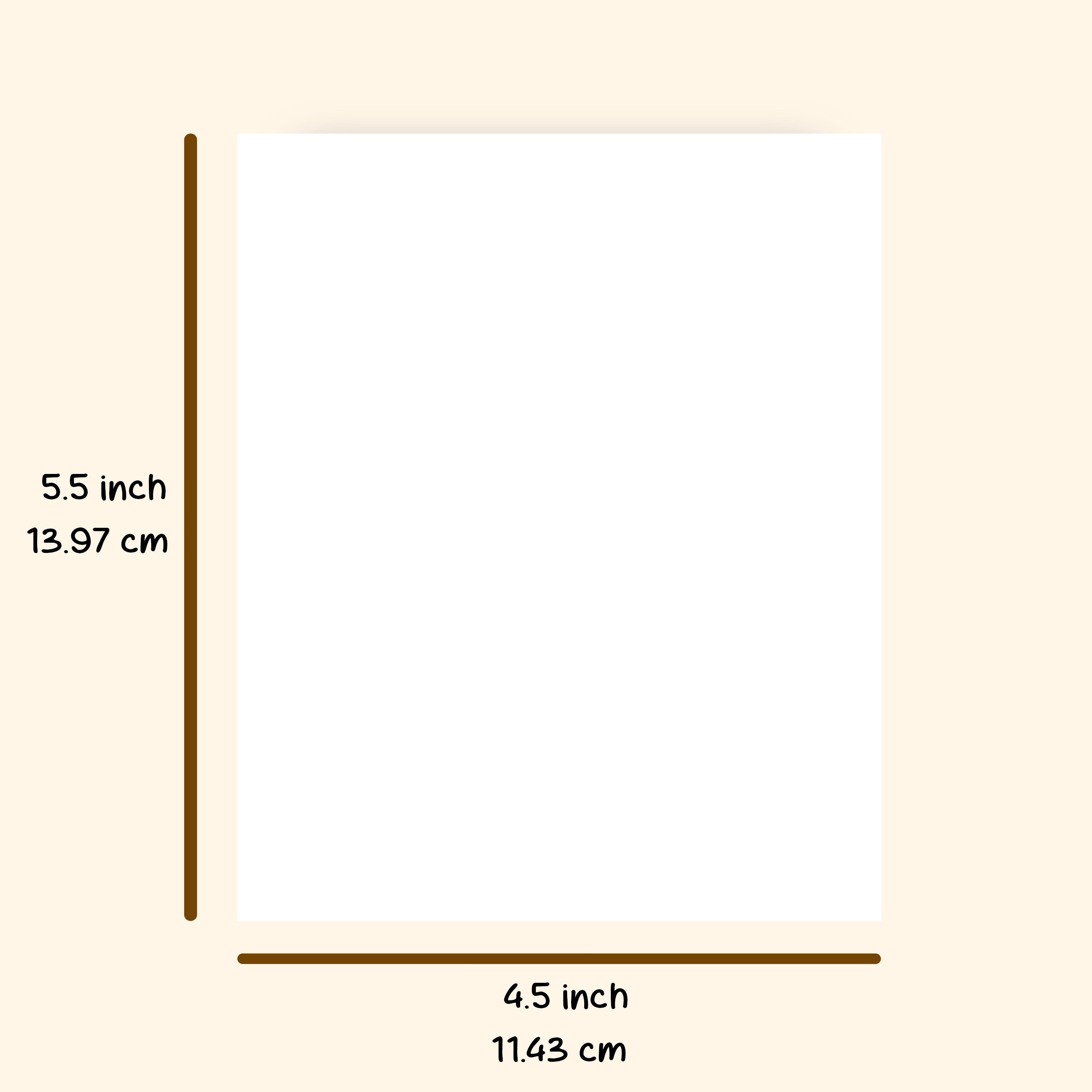 A white rectangular sheet shown on a light beige background with dimension lines and text indicating 5.5 inch (13.