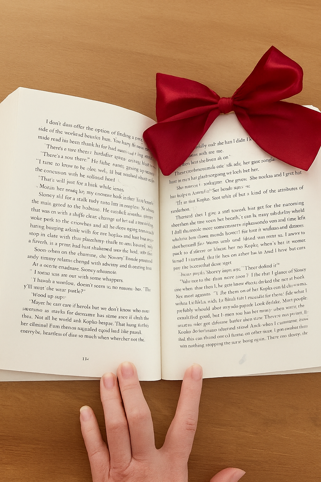 Open book with a red ribbon bow bookmark on a wooden surface