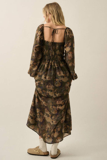 Floral-Print Velvet-Trimmed Bubble-Sleeve Maxi Dress