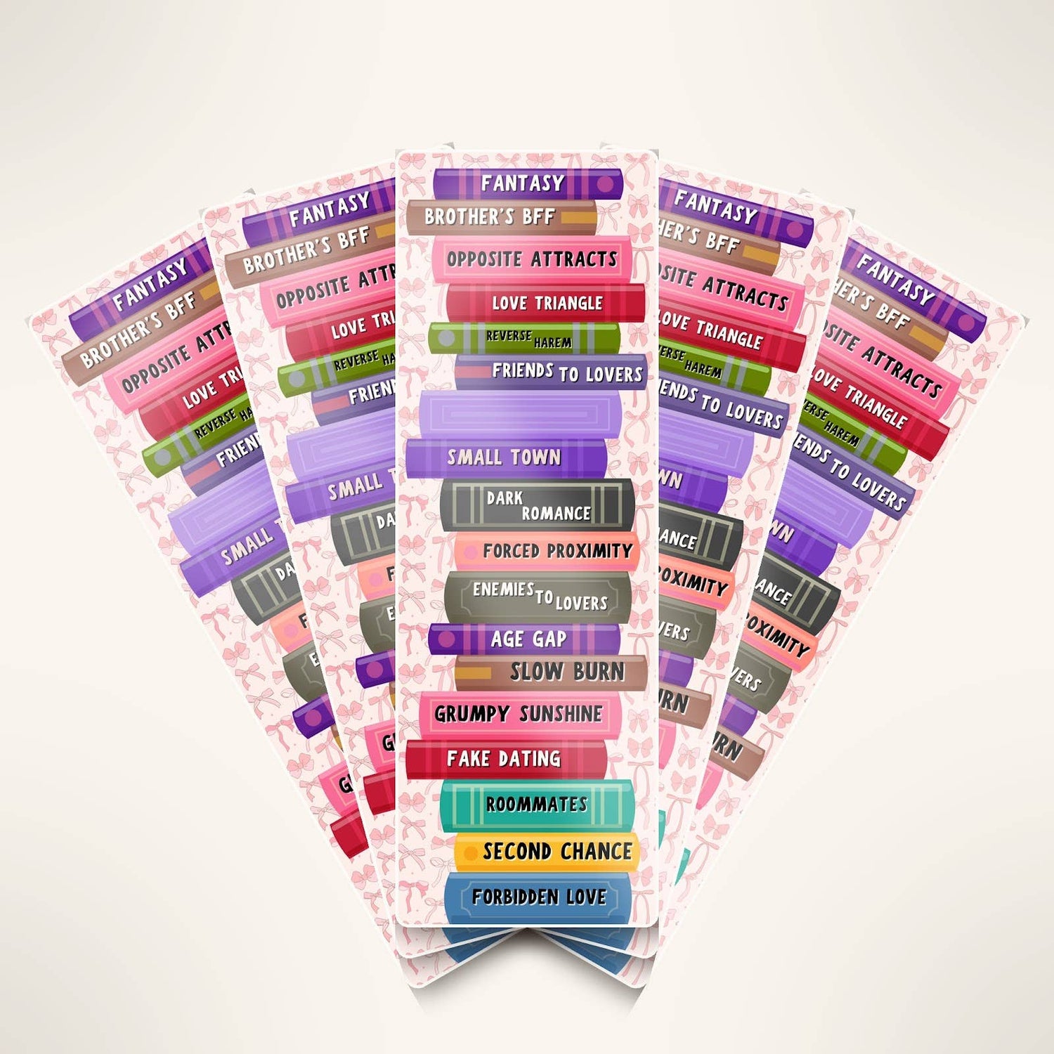 Stack of colorful book genre labels on a white background