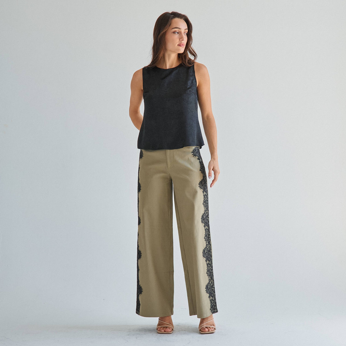 The Margot Lace-Trim Twill Pant — Olive