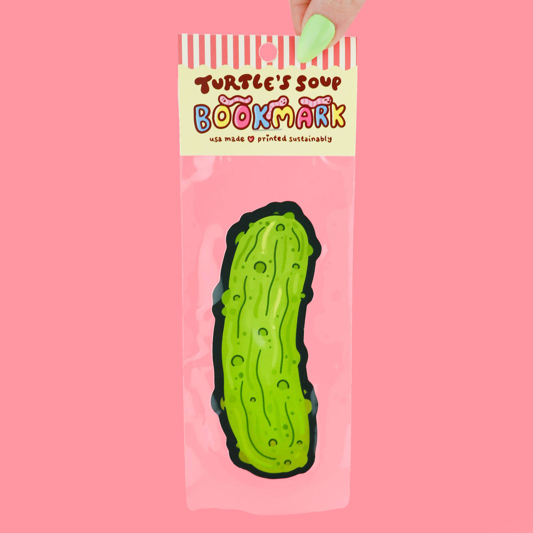 Bookmark shaped like a pickle with &