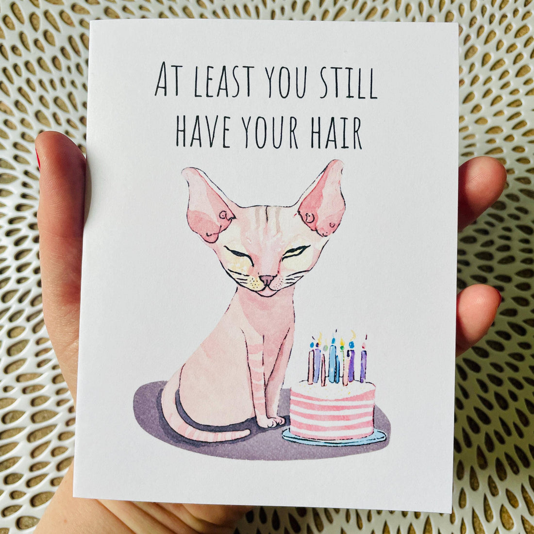 Card with a cat and birthday cake illustration and text &