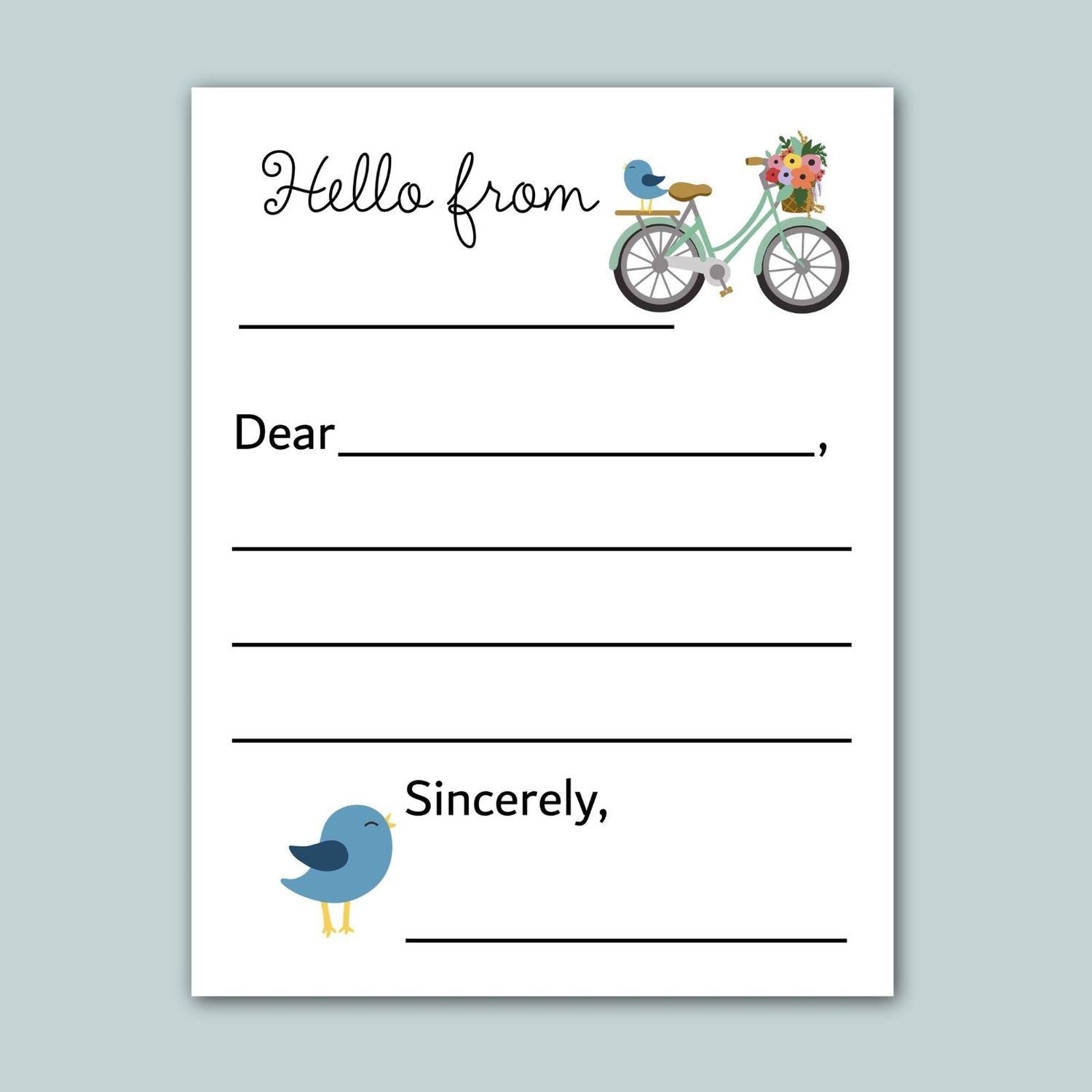 a letterhead with a bicycle and a bird on it, along with a blank space for a message. The letterhead has a simple, clean design with a light blue background.